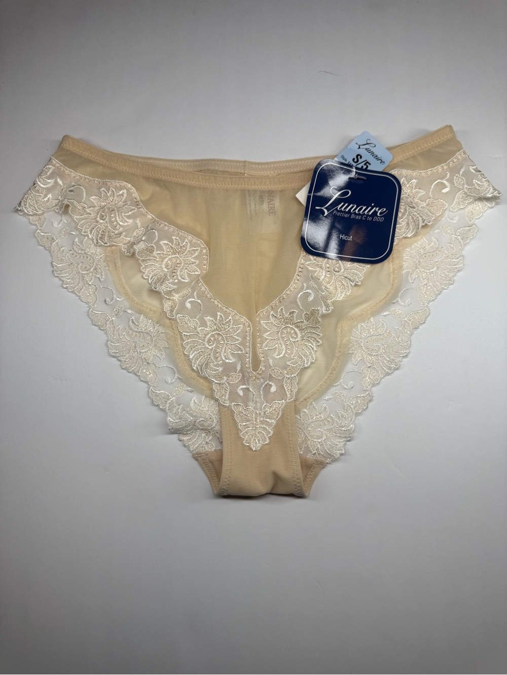 Lunaire Vintage 1990s/2000s Ivory Embroidered Lace Hi-Cut Brief Panty NWT Sz 5/S